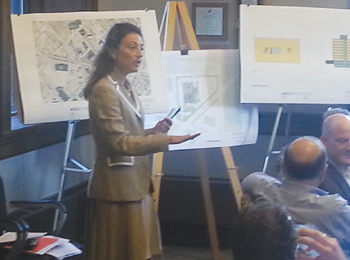 ACS Development Principal Patricia Simboli details the office building her company intends to build for a "federal user" - which is understood by everyone to be the FBI New England headquarters - during a joint Planning Board and Zoning Board hearing held on Tuesday evening.