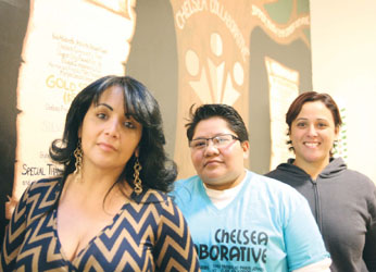 At the Chelsea Collaborative, Director Gladys Vega (front) said they are seeing joy and pain when it comes to President Barack Obama's Nov. 20 executive order on immigration. While Laura Galeano (back) qualified under the order, Patricia Clara (center) did not qualify. Vega said they applaud the order, but are calling for greater reforms.